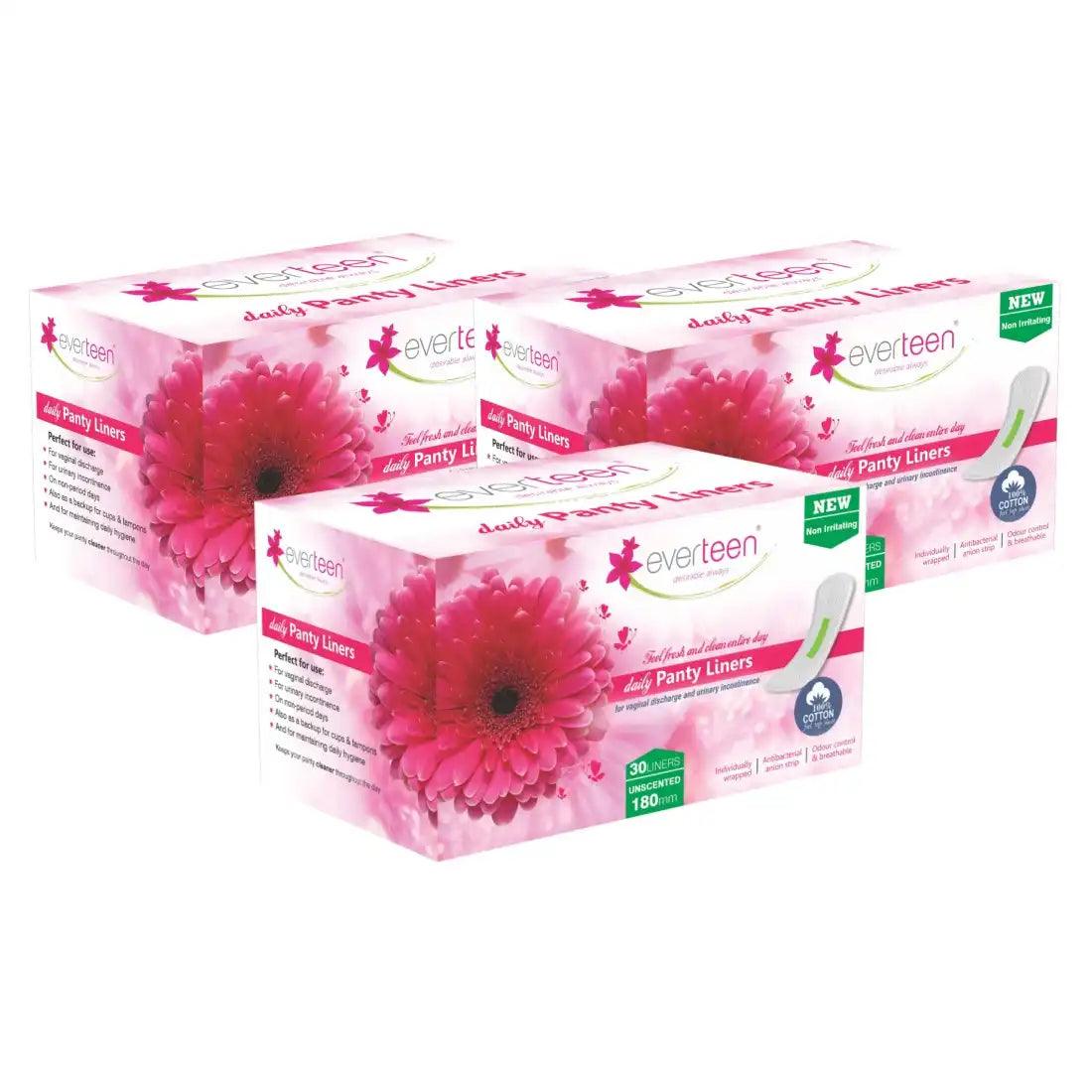 Buy 3 Packs of 30 everteen Daily Panty Liners for Vaginal Discharge and Urinary Incontinence in Women - everteen-neud.com