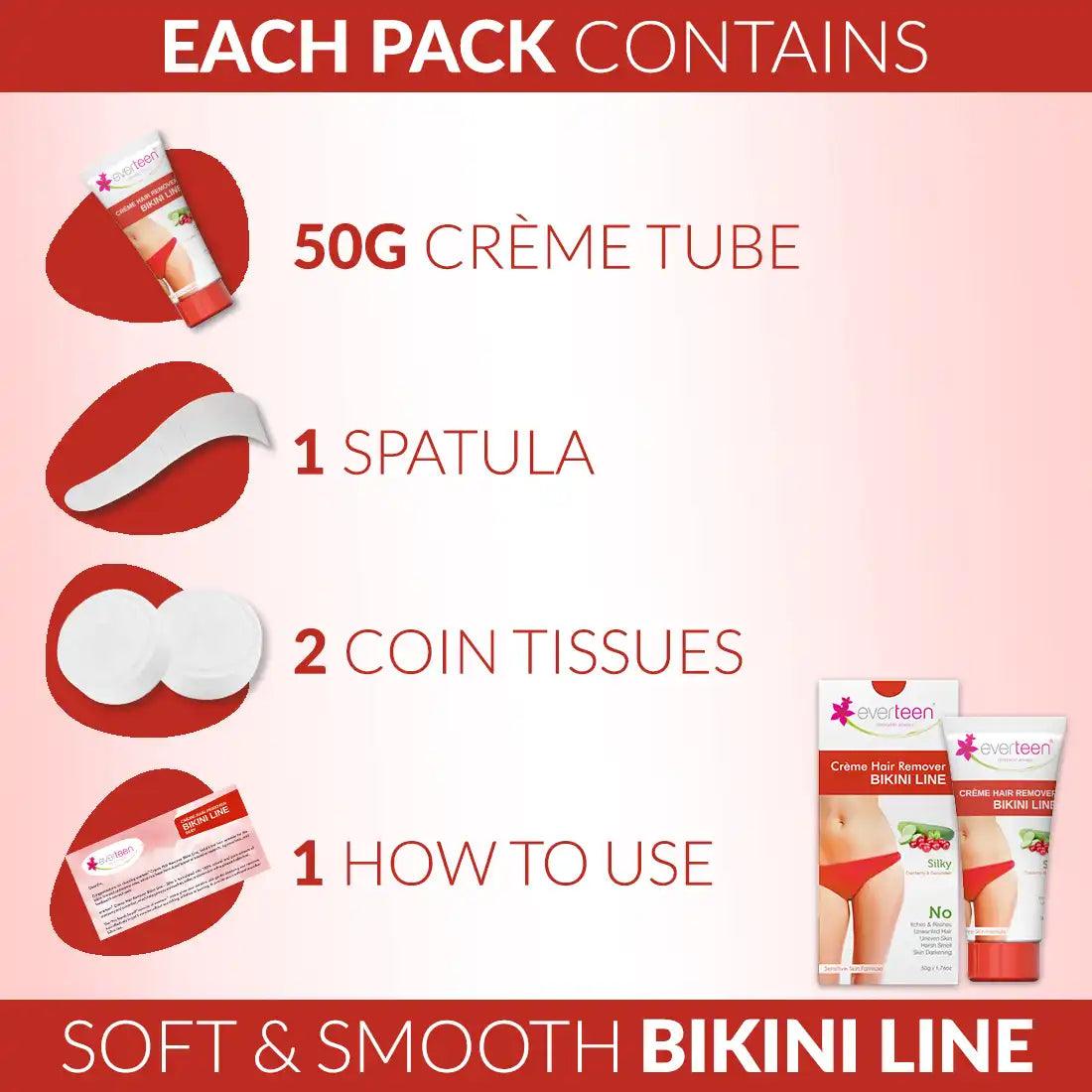 Every Pack of everteen Silky Bikini Line Hair Remover Cream Contains One Spatula and Two Coin Tissues - everteen-neud.com