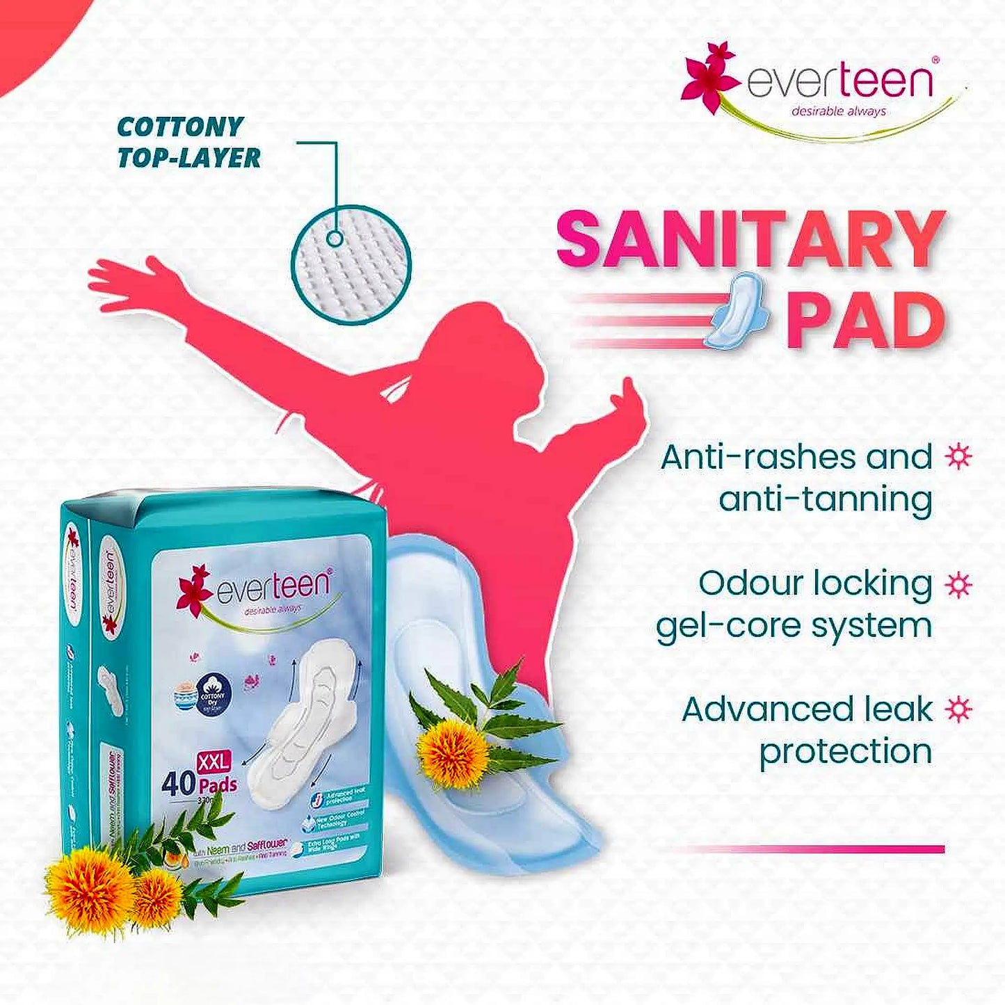 everteen XXL Sanitary Pads Enriched with Neem and Safflower - 40 Pads, 320mm