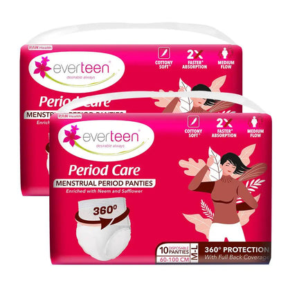 Buy 2 Packs everteen Period Care Period Panties M-L Size (60-100cm) With 360° Protection, Cottony Soft, Enriched with Neem and Safflower - everteen-neud.com