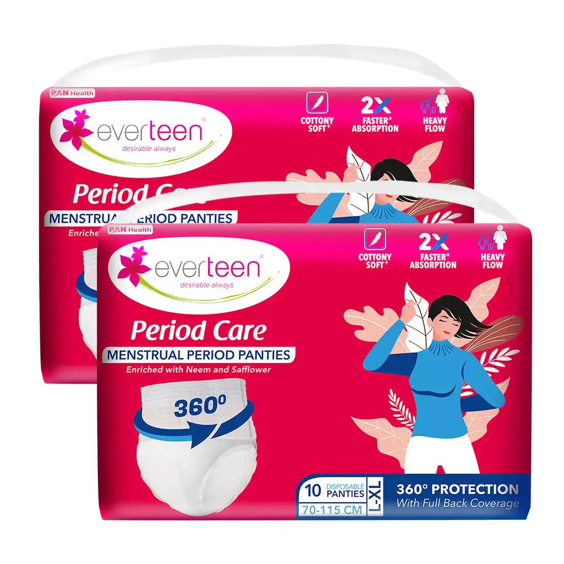 Buy 2 Packs everteen Period Care Period Panties L-XL Size (70-115cm) With 360° Protection, Cottony Soft, Enriched with Neem and Safflower - everteen-neud.com