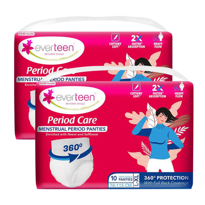 Buy 2 Packs everteen Period Care Period Panties L-XL Size (70-115cm) With 360° Protection, Cottony Soft, Enriched with Neem and Safflower - everteen-neud.com