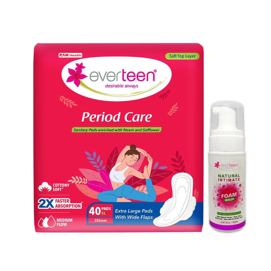 everteen Period Care XL Soft 40 Pads and Foam Intimate Wash 150ml 7419870399061