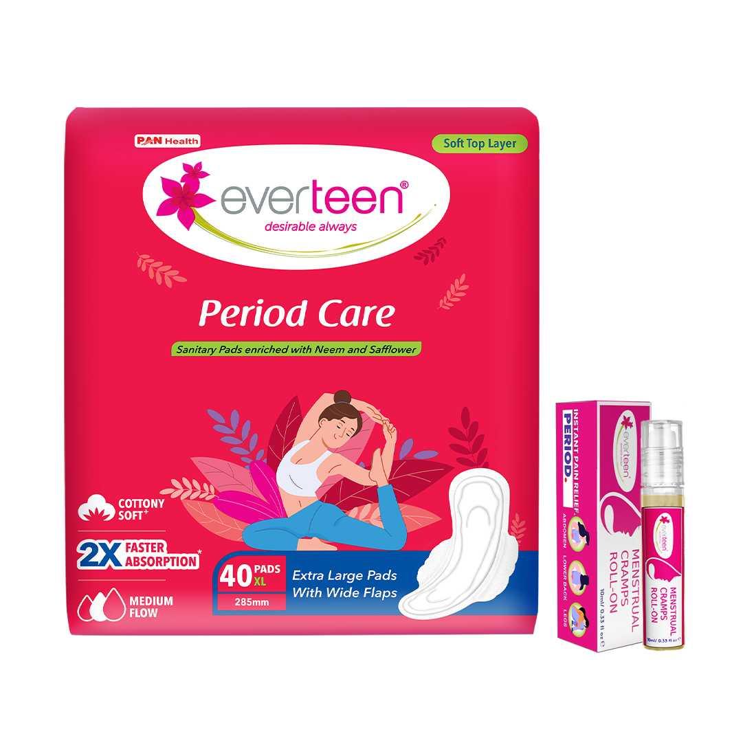 everteen Period Care XL Soft 40 Pads and Menstrual Cramps Roll-On 10ml