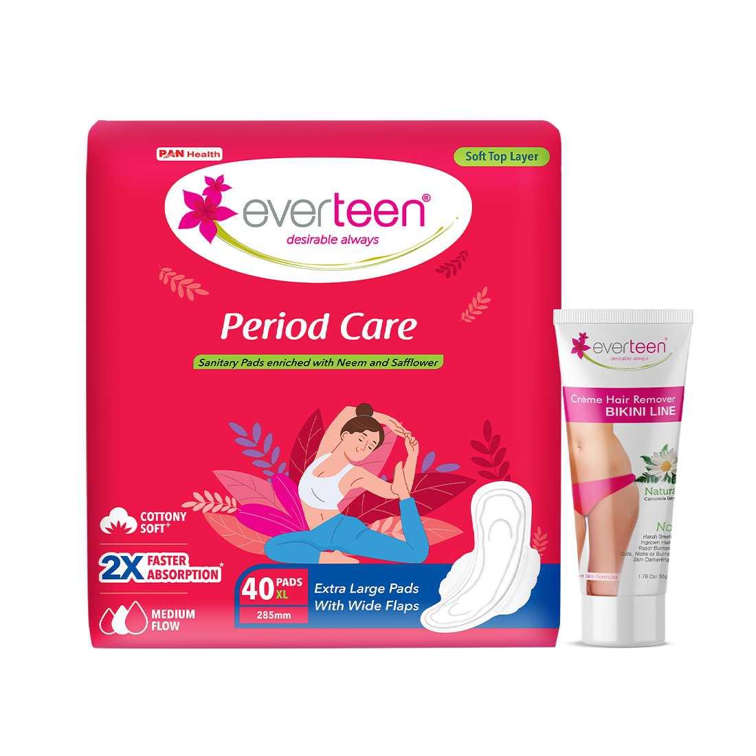everteen Period Care XL Soft 40 Pads and Natural Bikini Line Hair Remover Cream 50g