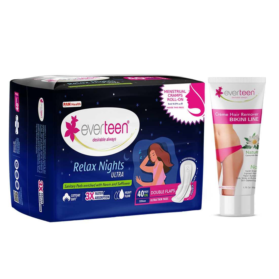 everteen Relax Nights Ultra 40 Pads and Natural Bikini Line Hair Remover Cream 50g 7419870400743