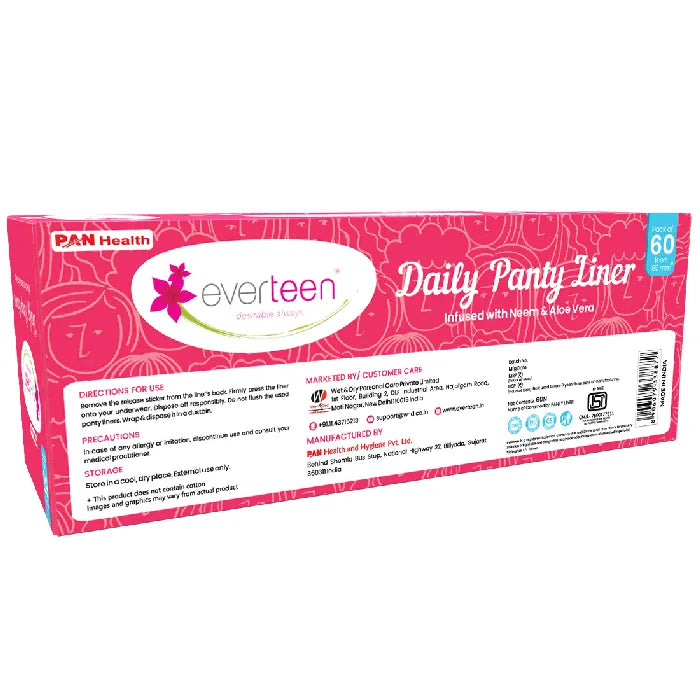 everteen Anti-Bunching Straight Panty Liners with Neem, Aloe Vera for Spotting, Discharge, Incontinence in Women - 60 Liners