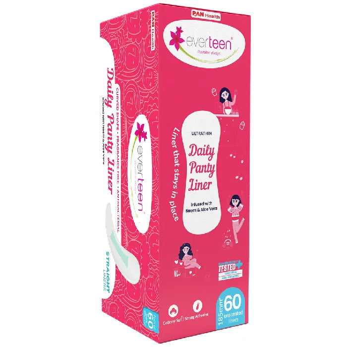 everteen Anti-Bunching Straight Panty Liners with Neem, Aloe Vera for Spotting, Discharge, Incontinence in Women - 60 Liners