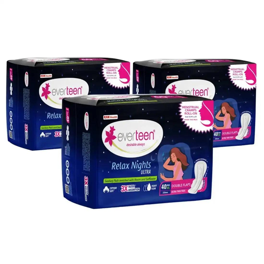 everteen XXL Relax Nights Ultra Thin 40 Sanitary Pads with Neem and Safflower, Menstrual Cramps Roll-On Inside Pack 7419870736606