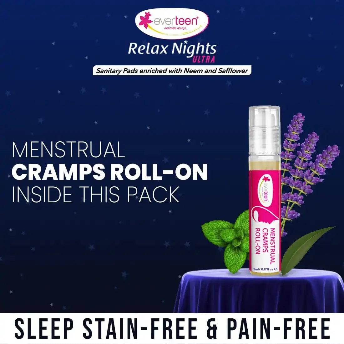 everteen XXL Relax Nights Ultra Thin 40 Sanitary Pads with Neem and Safflower, Menstrual Cramps Roll-On Inside Pack