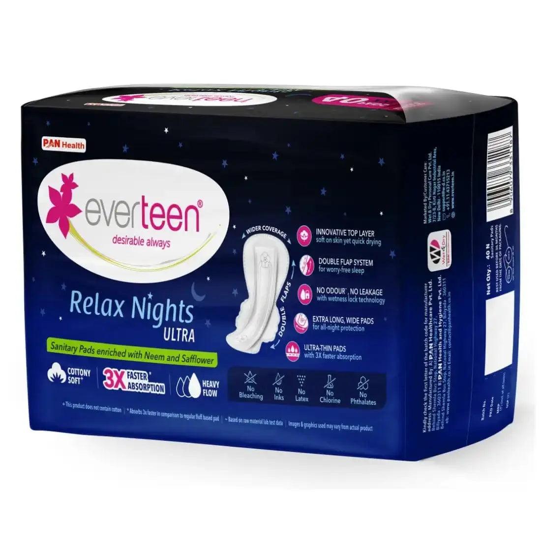 everteen XXL Relax Nights Ultra Thin 40 Sanitary Pads with Neem and Safflower, Menstrual Cramps Roll-On Inside Pack