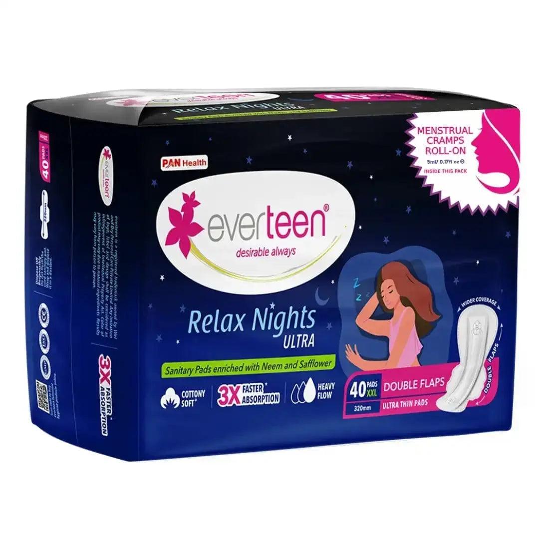 everteen XXL Relax Nights Ultra Thin 40 Sanitary Pads with Neem and Safflower, Menstrual Cramps Roll-On Inside Pack 8906079331187