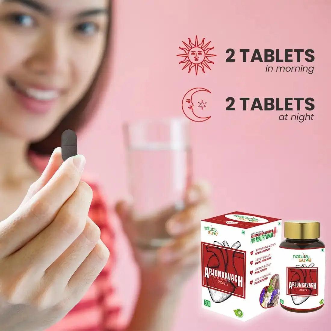 Take Two Tablets of Nature Sure Arjun Kavach in Morning and Two Tablets At Night For Optimal Heart Health
