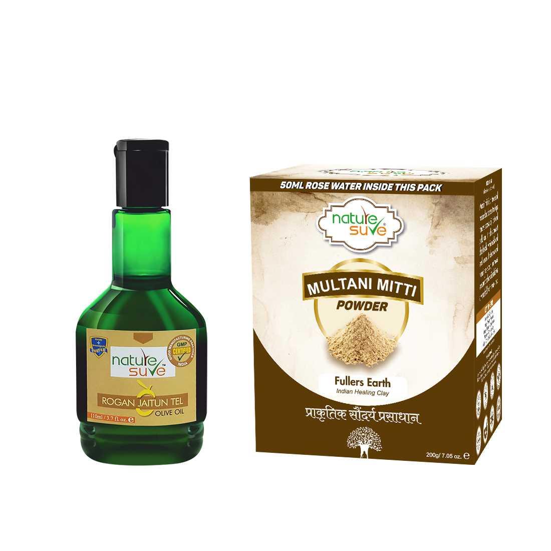 Nature Sure Combo - Rogan Jaitun Massage Oil 110ml and Multani Mitti Fullers Earth 200g  - Official Brand Store