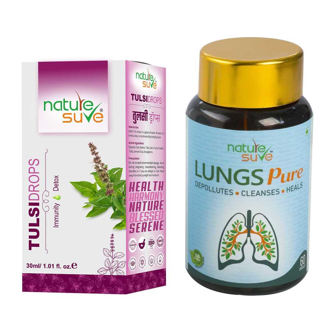 Nature Sure Combo - Tulsi Drops 30ml and Lungs Pure 60 Capsules  - Official Brand Store