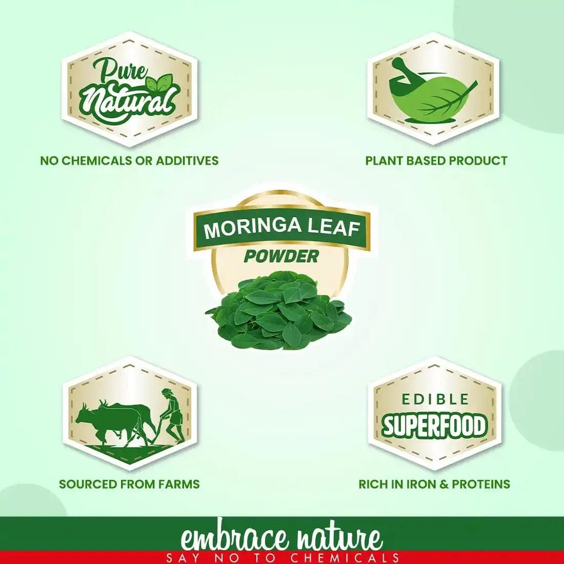 Nature Sure Moringa Leaf Powder is a plant-based product sourced directly from farms. It is rich in iron and proteins, and is free from any chemicals or additives
