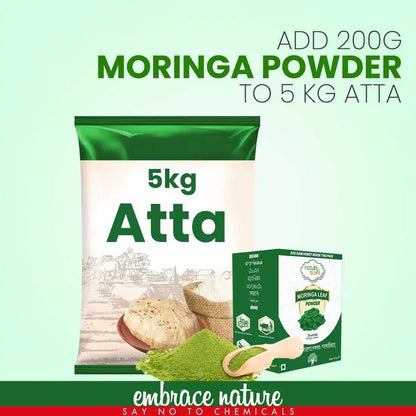 Mix 200 grams Nature Sure Moringa Leaf Atta Mix to 5 kilograms of regular atta (wheat flour)