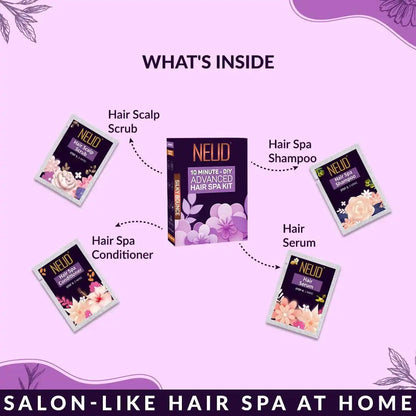 Each pack of NEUD hair spa kit includes a sachet of scalp scrub, shampoo, conditioner and hair serum - everteen-neud.com