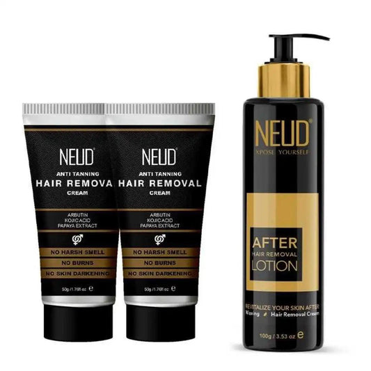 NEUD Anti-Tanning Hair Removal Cream Twin Pack (50g+50g) and After-Hair-Removal Skin Lotion 100g 7419870336158