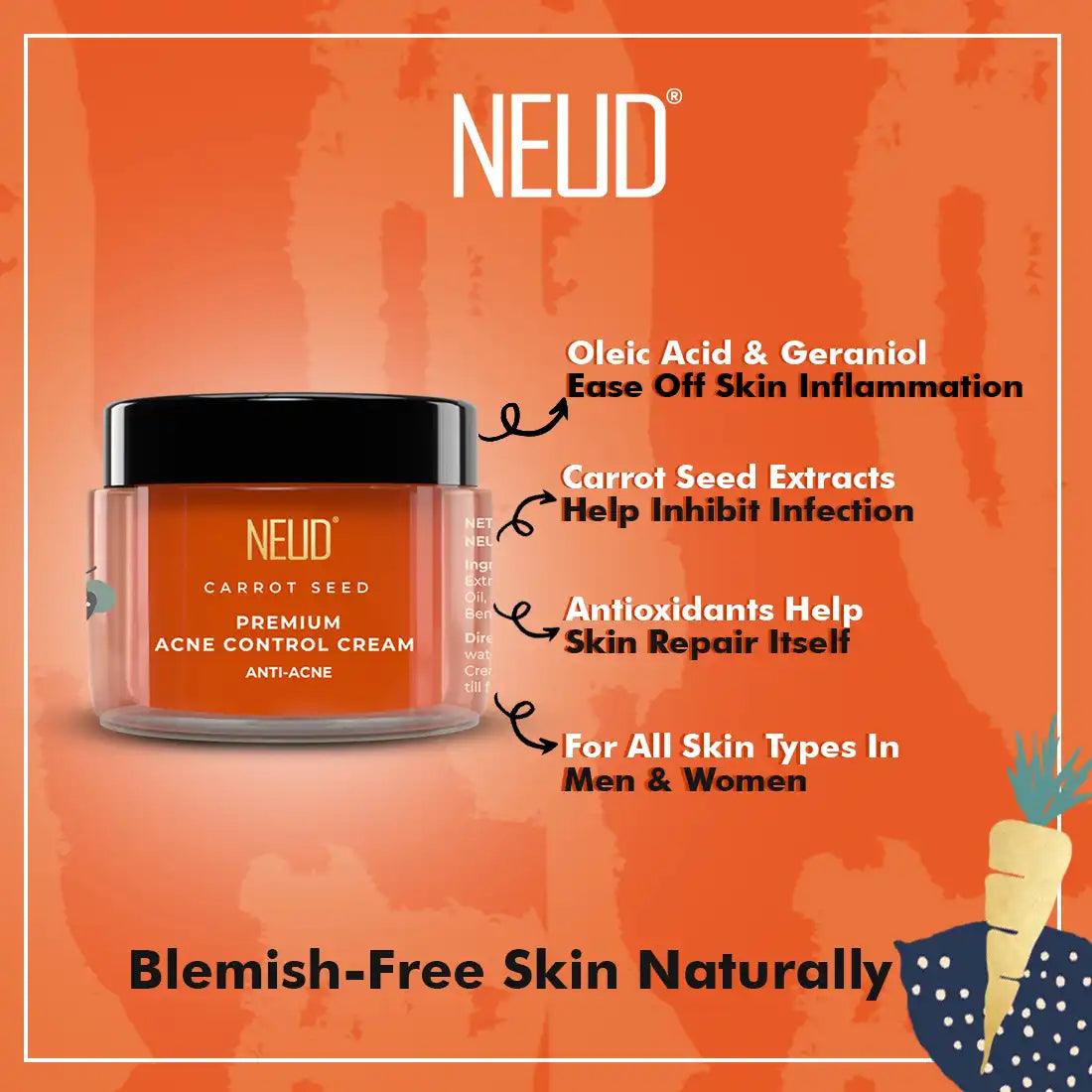 NEUD Carrot Seed Acne Control Cream Contains Oleic Acid and geraniol. It helps prevent pimple causing infection and boosts skin repair - everteen-neud.com