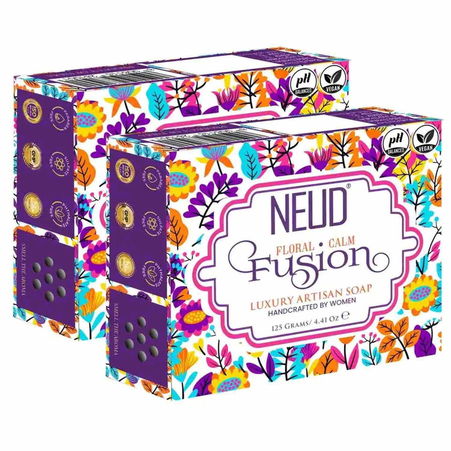 Buy 2 Packs NEUD Floral Calm Fusion Luxury Artisan pH Balanced Handmade Soap 125g Each With Sugandha, Mogra and Patchouli - everteen-neud.com