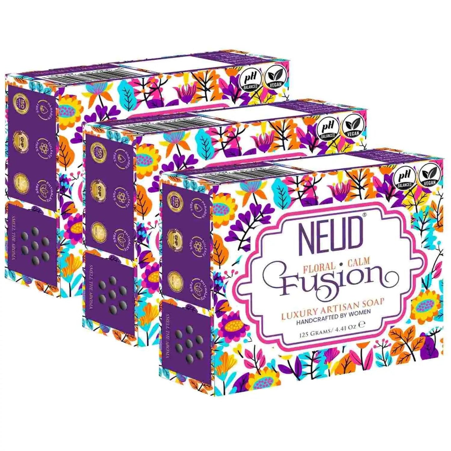 Buy 3 Packs NEUD Floral Calm Fusion Luxury Artisan pH Balanced Handmade Soap 125g Each With Sugandha, Mogra and Patchouli - everteen-neud.com