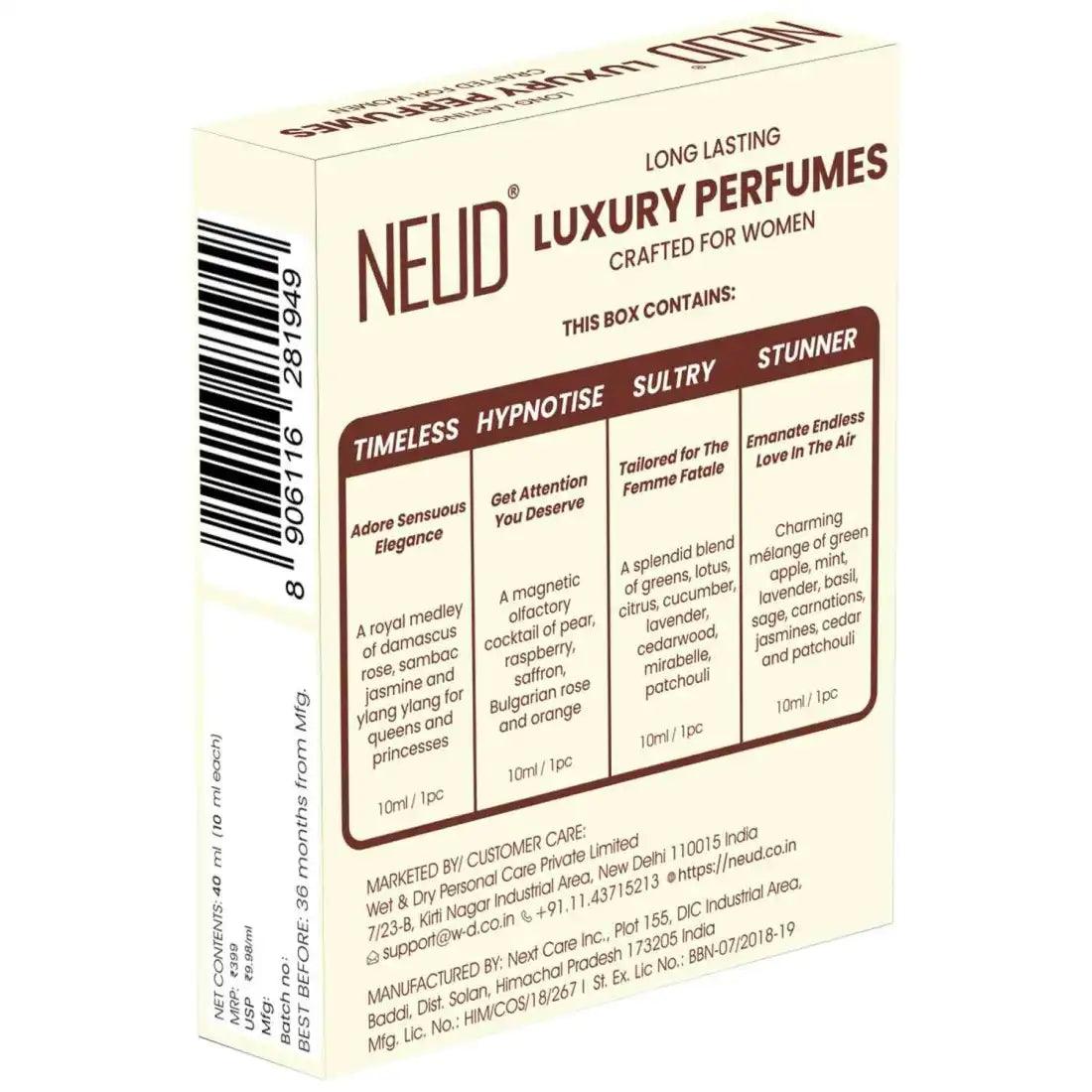 NEUD Luxury Pocket Perfume Gift Set for Women - Long Lasting Eau de Parfum (Fruity, Rose, Musk, Green Apple) - 4x10ml - everteen-neud.com