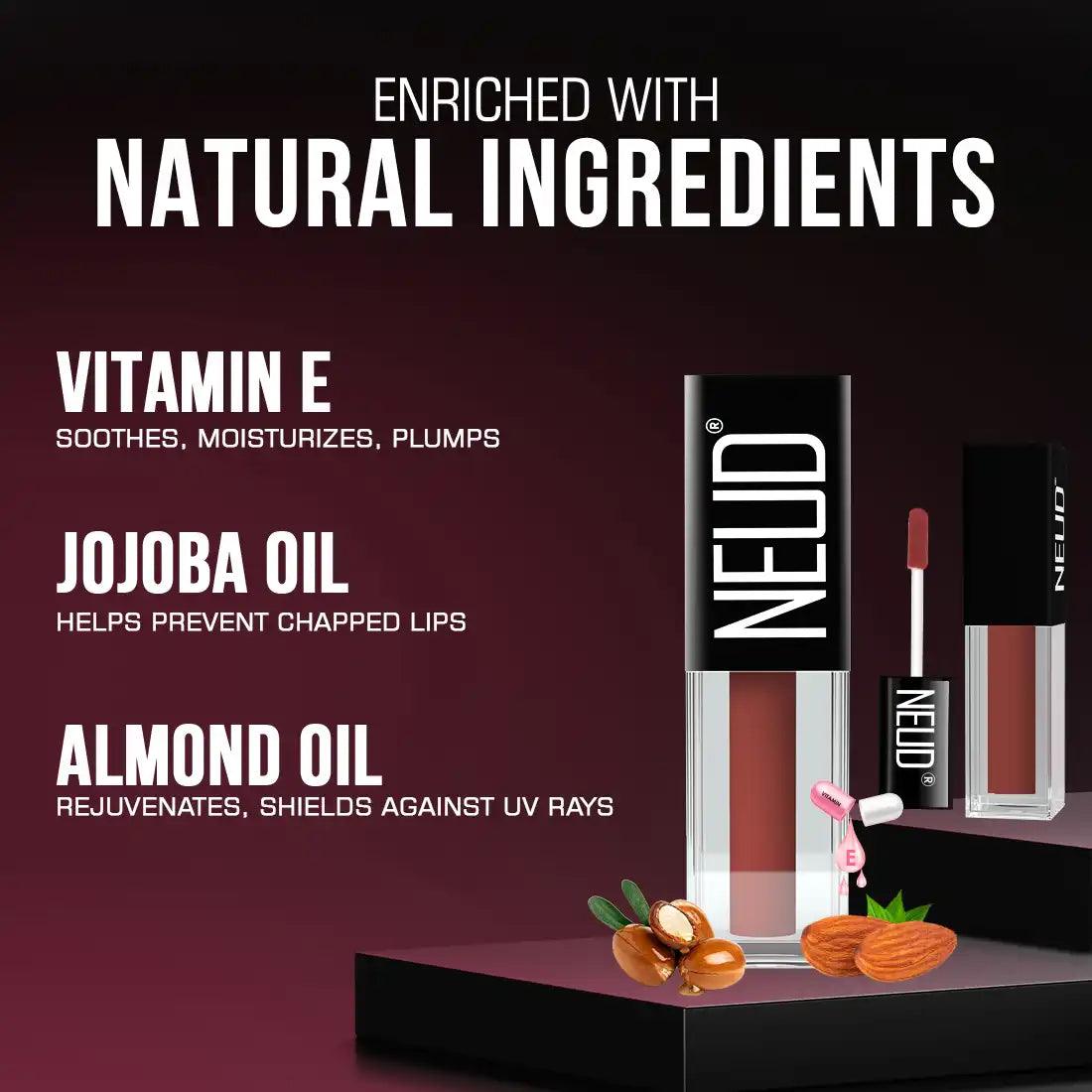 NEUD Matte Liquid Lipstick Jolly Coral Gives Natural Lip Care With Jojoba Oil, Vitamin E and Almond Oil - everteen-neud.com
