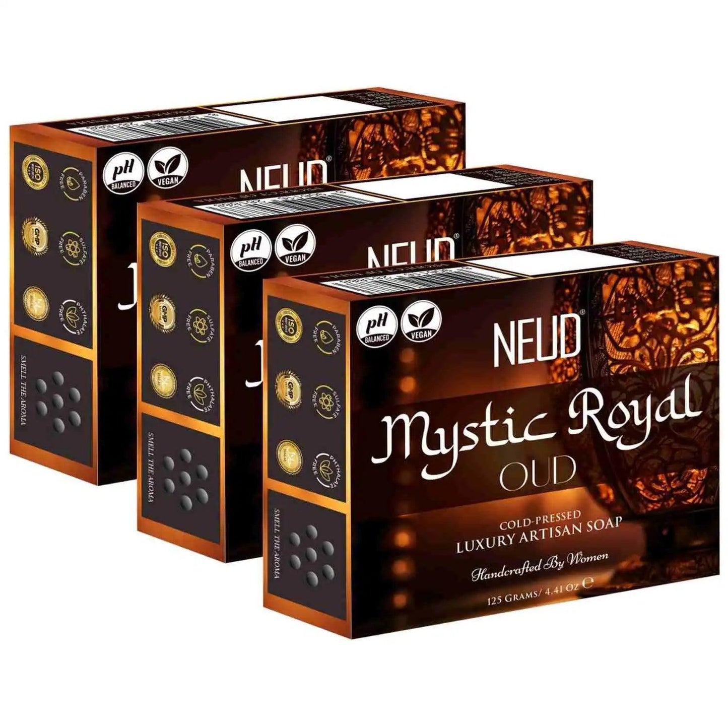 Buy 3 Packs of NEUD Mystic Royal Oud Luxury Artisan pH Balanced Cold-Pressed Handmade Soap 125g Each With Oudh and Gul Banafsha - everteen-neud.com