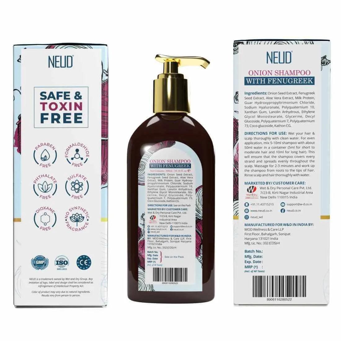 NEUD Premium Onion Hair Shampoo with Fenugreek for Men & Women - 300 ml