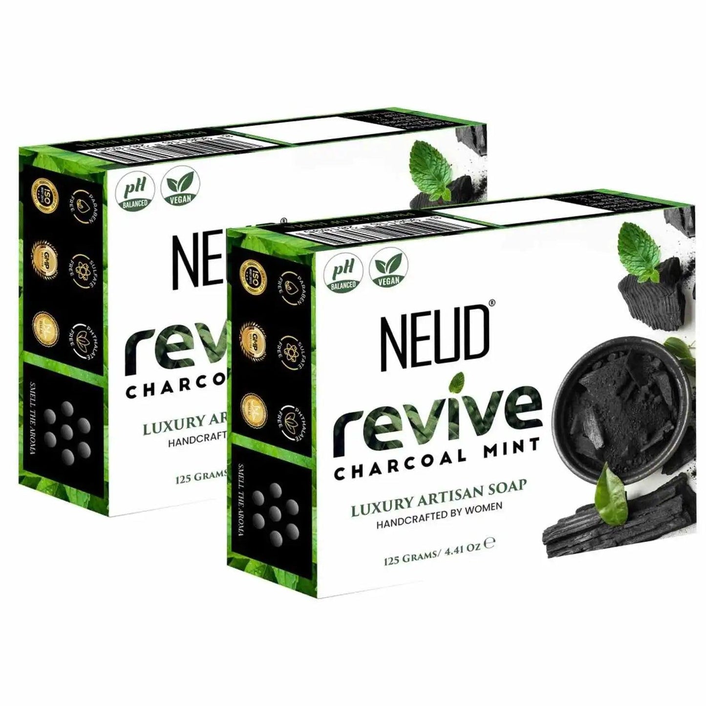 Buy 2 Packs NEUD Revive Charcoal Mint Luxury Artisan pH-Balanced Vegan Handmade Soap 125g Each With Tea Tree Oil, Peppermint, Eucalyptus Oil and Khus Seed - everteen-neud.com