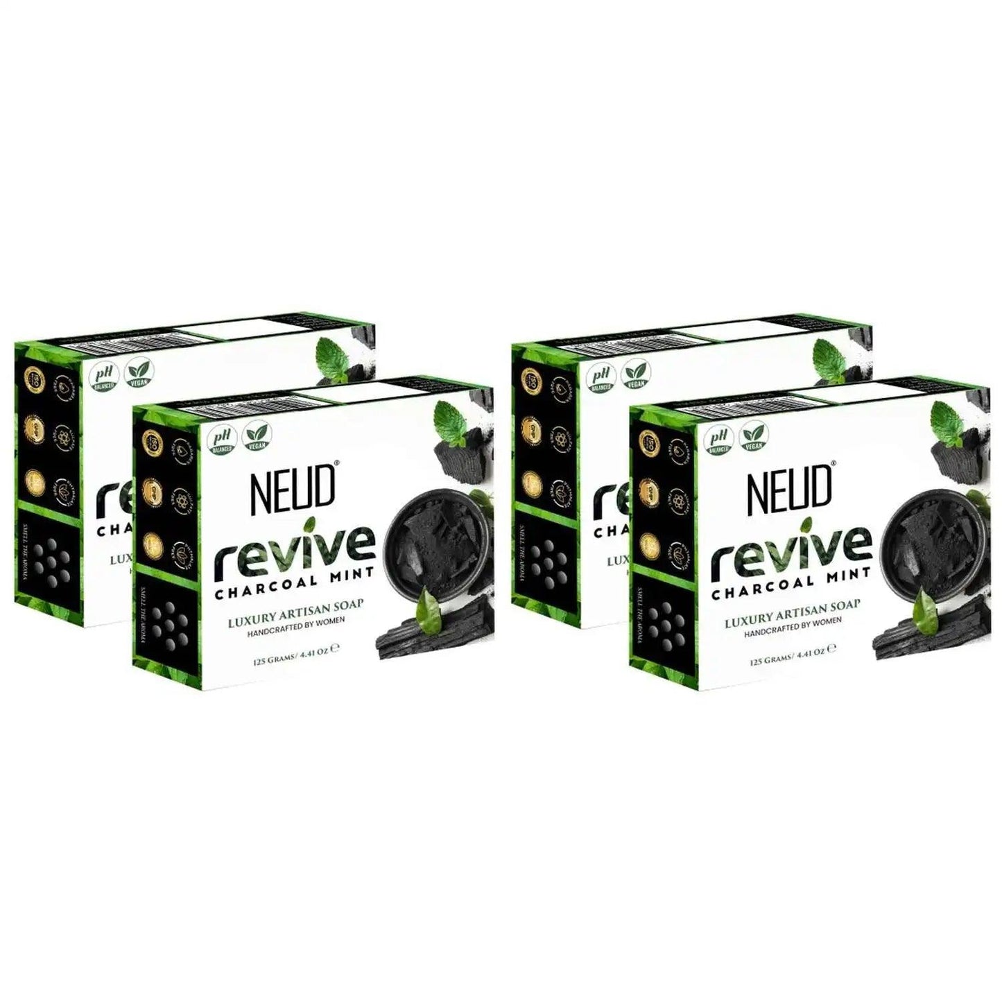 Buy 4 Packs NEUD Revive Charcoal Mint Luxury Artisan pH-Balanced Vegan Handmade Soap 125g Each With Tea Tree Oil, Peppermint, Eucalyptus Oil and Khus Seed - everteen-neud.com