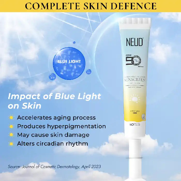NEUD sunscreen protects against blue light, which can accelerate aging process, cause hyperpigmentation and disturb circadian rhythm - everteen-neud.com