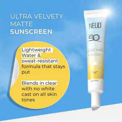 NEUD Ultra Velvety Matte Priming Sunscreen Dry Touch with SPF 50 PA++++ and Vitamin E, Sweat-Resistant, No White Cast - 50g